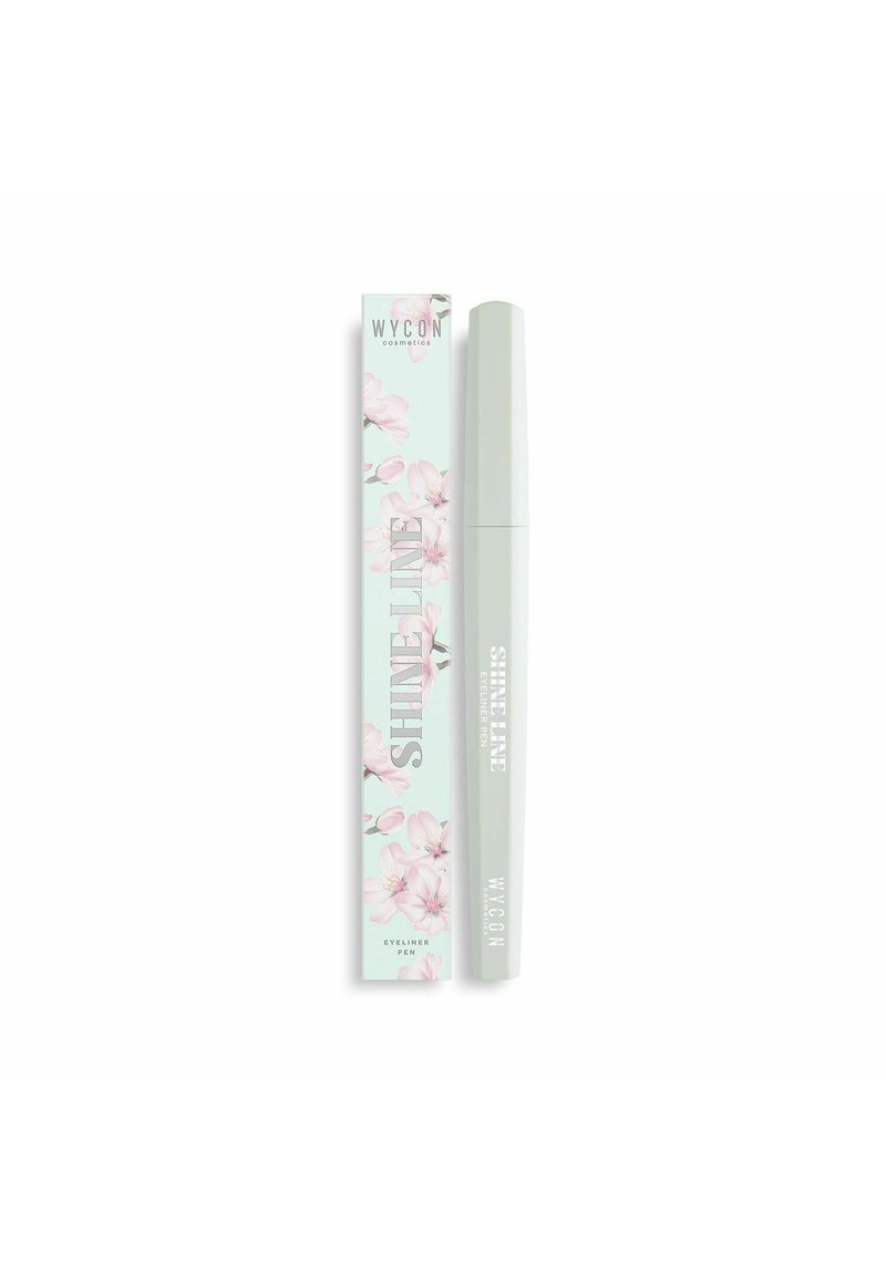 La penna eyeliner W.Y.CON Shine Line in un tubo verde chiaro accanto a un packaging a motivo floreale. Presenta una forma sottile con una punta appuntita.