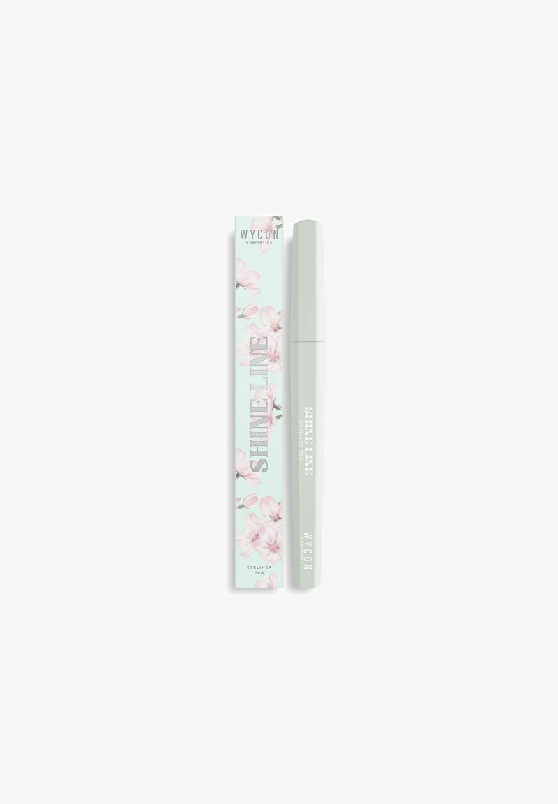 La penna eyeliner W.Y.CON Shine Line in un tubo verde chiaro accanto a un packaging a motivo floreale. Presenta una forma sottile con una punta appuntita.