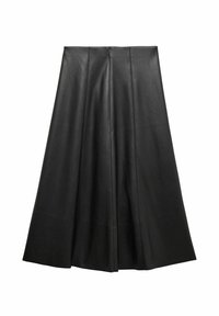 Zwarte leren rok met een uitlopende snit, voorzien van verticale naden en een gladde textuur. Geen zichtbare hardware of patronen.