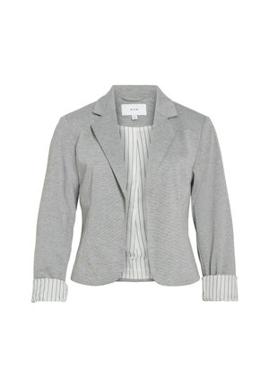 Sivi sako od teksturirane tkanine, s jednim gumbom za zatvaranje, reverima s izrezom i prugastim manšetama. Unutrašnjost obložena tkaninom s tankim prugama.