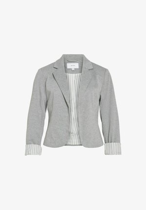 Harmaa bleiseri, valmistettu teksturoidusta kankaasta, jossa on yksirivinen napitus, notkilapelit ja raidalliset kalvosimet. Sisäpuoli vuorattu pinstripe-kuviolla.