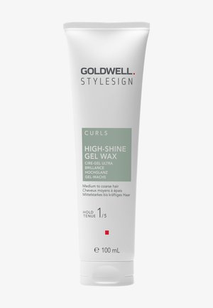 Goldwell Stylesign High-Shine Gel Wax for curls, medium to coarse hair, hold level 1/5, 100 ml white tube with gray and black text.