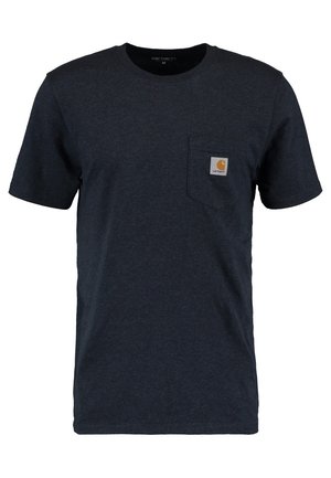 Mænds mørkegrå kortærmet bomulds-T-shirt med rund hals og brystlomme, der har et lille beige Carhartt-logo