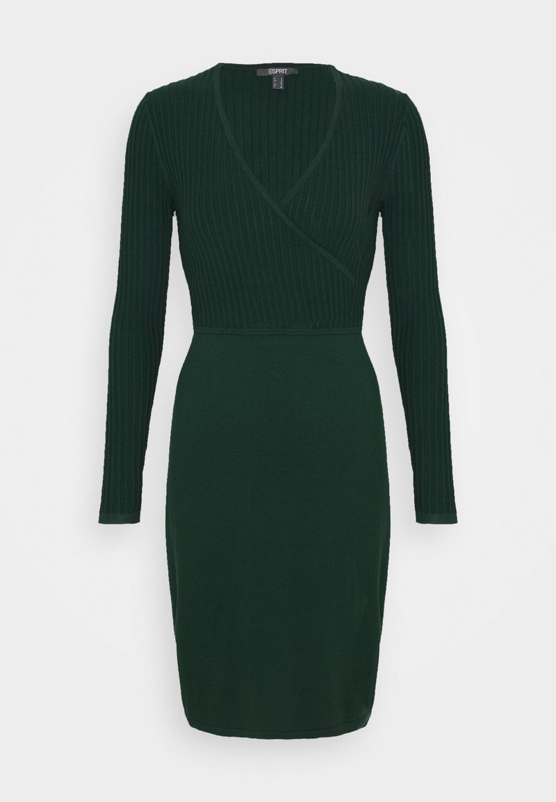 Robe en maille vert foncé avec manches longues, corsage en maille côtelée style portefeuille, taille ajustée et jupe droite.