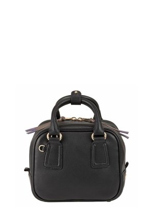Black textured leather handbag with two handles, gold hardware, and visible zipper pulls, shown against a white background.