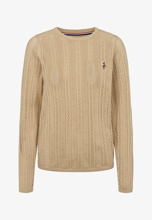 Beeži toeka pikkade varrukatega kampsun teemantmustritega ja vasakul rinnal väike tikitud polo mängija logo.