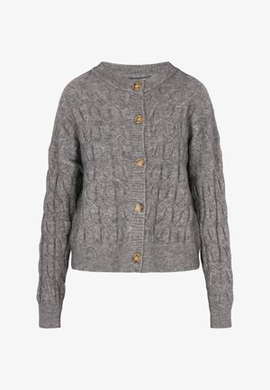 Cardigan grigio lavorato a maglia con motivo a treccia, colletto rotondo e sei bottoni in legno sul davanti. Presenta polsini e orlo a costine.
