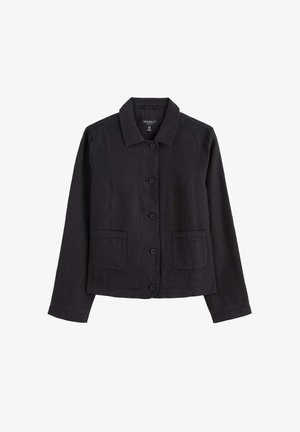 Fekete, hosszú ujjú, gombos dzseki gallérral és két első foltzsebbel, texturált anyagból készült.