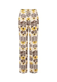 Hoge taille, broek met wijde pijpen en abstract bloemenpatroon in geel, grijs en bruin op een beige achtergrond.
