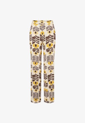 Hoge taille, broek met wijde pijpen en abstract bloemenpatroon in geel, grijs en bruin op een beige achtergrond.