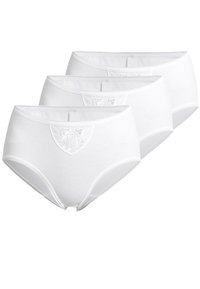 Weiße Baumwollunterhosen im Dreierpack. Mit einem dekorativen Spitzenaufnäher auf der Vorderseite und einer weichen, glatten Oberfläche. Klassische Slip-Form.