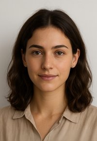 Porträtt av en person med axellångt vågigt brunt hår, iförd en ljusbeige skjorta med krage och små guldfärgade hjärtformade örhängen.