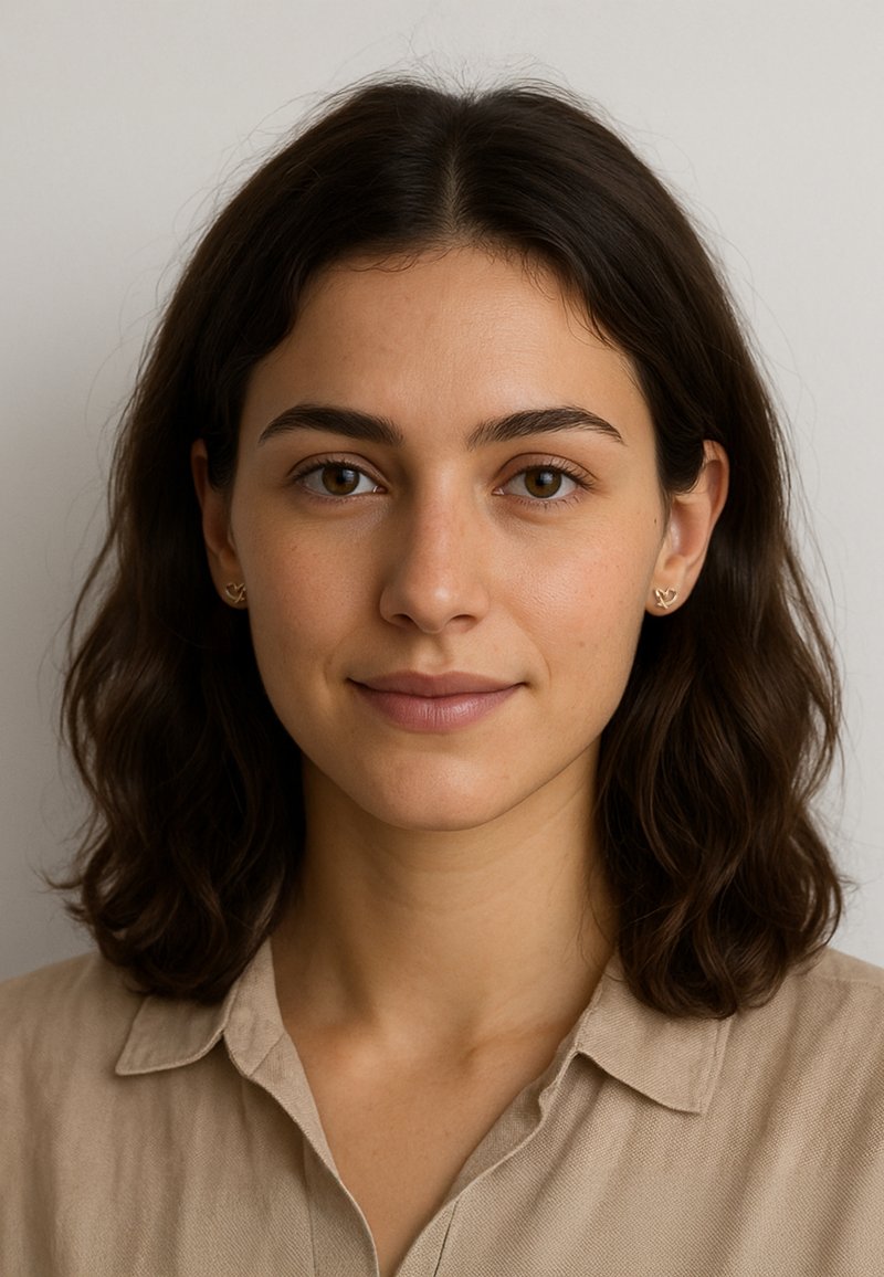 Porträtt av en person med axellångt vågigt brunt hår, iförd en ljusbeige skjorta med krage och små guldfärgade hjärtformade örhängen.