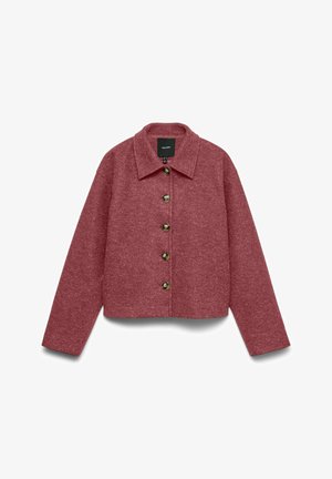 Gornjak s kopčanjem na dugmad, krojen, od teksturiranog tkanog materijala boje prašnjave ruže, s dugim rukavima i širokim ovratnikom, prikazan položen na bijeloj pozadini.