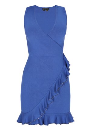 Sinine kudumisest kleit V-kaelusega, rippuv disain, volangiga hem ja pärliaksessuaarid volangi äärel. Sile tekstuur ja hästi istuv siluett.