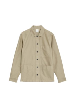 Beige jasje van katoen, met een kraag, lange mouwen, knopen aan de voorkant en twee grote voorzakken voor extra detail.