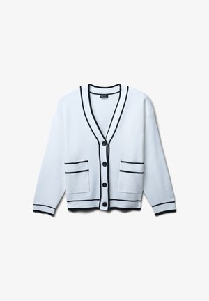 Weißer Cardigan mit schwarzem Besatz, V-Ausschnitt und Frontknöpfen. Verfügt über zwei aufgesetzte Taschen. Hergestellt aus einem weichen, strukturierten Stoff.
