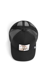 Black trucker cap with a mesh back, featuring an embroidered goat patch on the front and a button on top. Curved brim and adjustable fit.