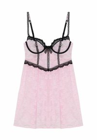 Rosa spetslinne med svart kant, med justerbara axelband, blommönster och en rosettarrangemang vid mitten av bysten.