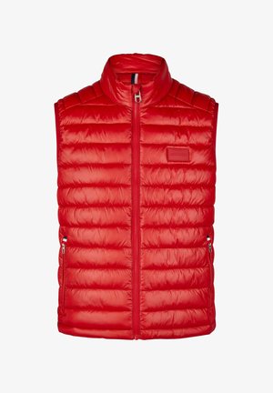 Czerwona, pikowana, bezrękawnikowa kamizelka z wysokim kołnierzem, zasuwana na zamek z przodu i dwiema bocznymi kieszeniami. Charakteryzuje się pikowanym materiałem oraz detalem z logo.