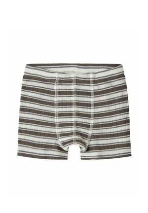 Bomulds boxershorts med striber i vandrette brune, grå og hvide linjer, med en tætsiddende linning og synlige sømme.