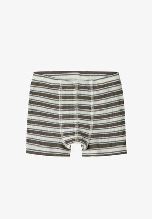 Boxer en coton rayé avec des lignes horizontales marron, grises et blanches, doté d'une ceinture ajustée et de coutures visibles.