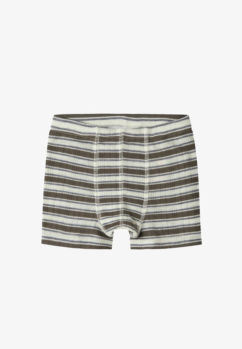 Boxer en coton rayé avec des lignes horizontales marron, grises et blanches, doté d'une ceinture ajustée et de coutures visibles.