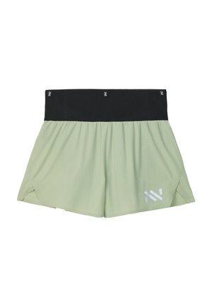 Pantalones cortos deportivos de color verde claro con una amplia cintura negra y un logotipo abstracto blanco en la parte inferior de la pierna izquierda.