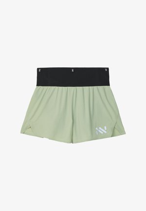 Lichtgroene sportbroekjes met een brede zwarte tailleband en een wit abstract logo op het linkeronderbeen.