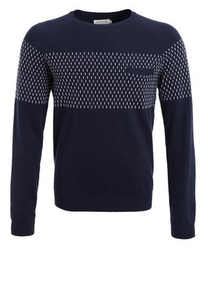 Navyblauer Pullover mit einem gerippten Kragen und Bündchen. Besitzt ein geometrisches weißes Muster über der oberen Brust und eine kleine Fronttasche.
