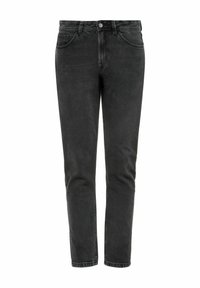 Czarne dżinsy o prostym kroju, z klasycznym pięciopocketowym układem i metalowym zapięciem na guziki w pasie.