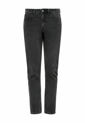 Czarne dżinsy o prostym kroju, z klasycznym pięciopocketowym układem i metalowym zapięciem na guziki w pasie.