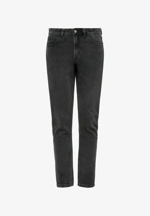 Czarne dżinsy o prostym kroju, z klasycznym pięciopocketowym układem i metalowym zapięciem na guziki w pasie.