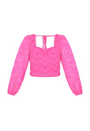 Lyserød, semi-gennemsigtig langærmet cropped bluse med firkantet halsudskæring, rynket front og bindelukning bagpå.