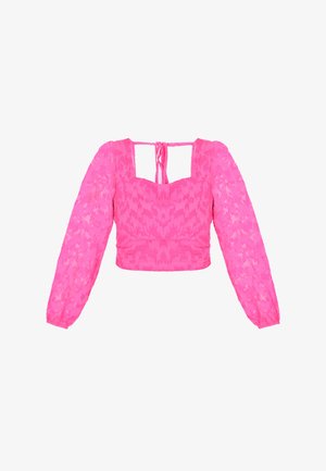 Světle růžová poloprůhledná krátká halenka s dlouhými rukávy, čtvercovým výstřihem, řaseným předním dílem a zavazováním na zadní straně.