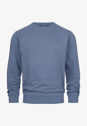 Modrá mikina s okrúhlym výstrihom a dlhými rukávmi. Vyrobená z mäkkého materiálu, s rebrovanými manžetami a lemom, na hrudi s malým logom.