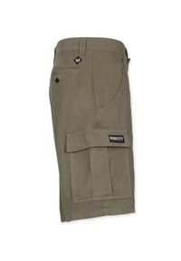 Olivgröna cargoshorts med rak passform, fickor med lappar och en bakficka. Inkluderar en tygetikett med "HONESTY" på sidan.