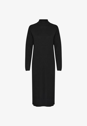 Zwarte lange mouw turtleneck jurk van een zachte brei stof, met een relaxte pasvorm, geribbelde manchetten en zoom, en een lengte tot halverwege de kuiten.