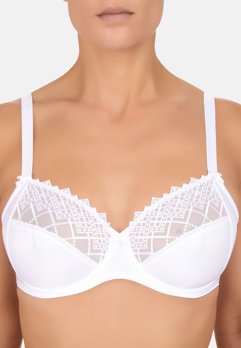 Bra bianco con coppe in pizzo trasparente caratterizzato da motivi geometrici, bordi smerlati e spalline regolabili. Tessuto liscio con una texture morbida.