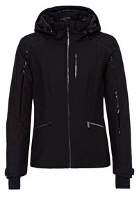 Svart vattentät jacka med huva, med zipprade fickor, texturerade sidopaneler och justerbara ärmslut. Slät tyg med elegant design.