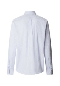 Chemise à manches longues rayée bleu clair et blanc, en coton, col classique, poignets boutonnés, pli dans le dos et ourlet arrondi.
