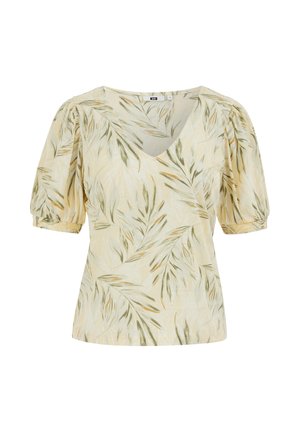 Beež V-kaelusega pluus rohelise ja pruuni lehemustriga, lühikeste lõhiklike varrukatega ja elastsete mansettidega, lõdva istuvusega.