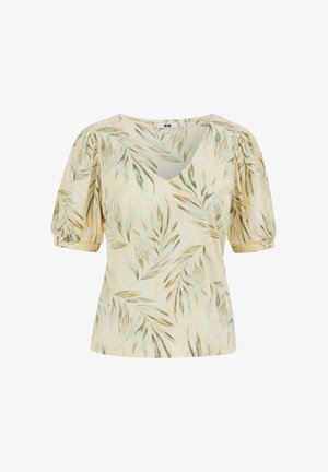 Beež V-kaelusega pluus rohelise ja pruuni lehemustriga, lühikeste lõhiklike varrukatega ja elastsete mansettidega, lõdva istuvusega.