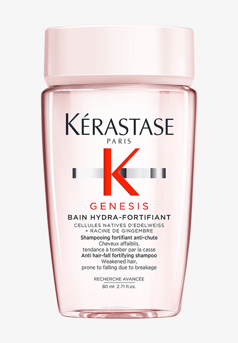 Kérastase Bain Hydra-Fortifiant shampoofles, 80 ml, transparant roze plastic met een witte dop. Bevat rode en zwarte tekst, slank ontwerp.