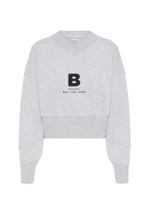 Sweatshirt court gris avec un col rond côtelé, des épaules tombantes et un texte noir brodé "B ORIGINAL BALL THE JEANS" sur le devant.