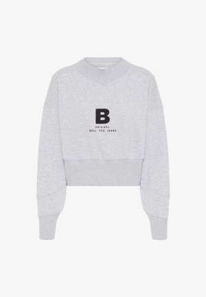 Šedý cropped sveter s rebrovaným okrúhlym výstrihom, spustenými ramenami a vyšívaným čiernym textom "B ORIGINAL BALL THE JEANS" vpredu.