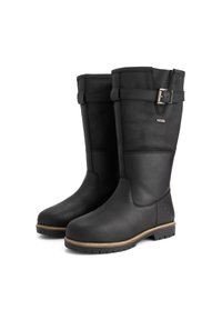 Zwarte waterdichte kniehoge laarzen van gestructureerd leer, met een zijriempje, een platte rubberen zool en een subtiel logo detail op de hiel.