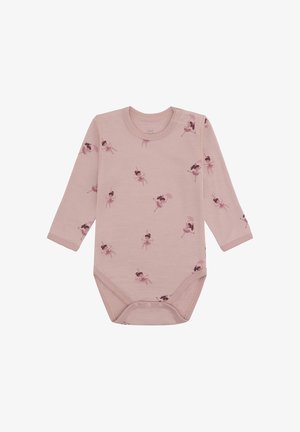 Body baby a maniche lunghe rosa chiaro, con bottoni a pressione e una stampa di ballerine che tengono ombrelli in varie pose.