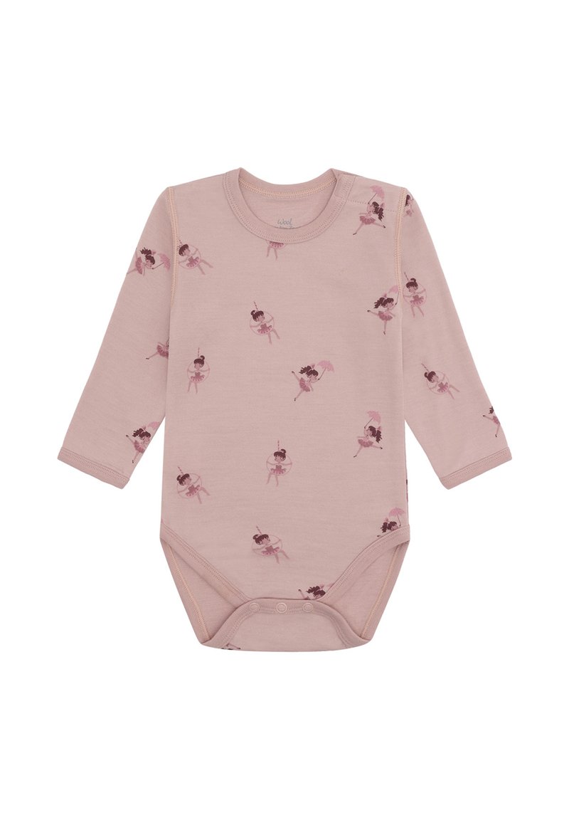 Body baby a maniche lunghe rosa chiaro, con bottoni a pressione e una stampa di ballerine che tengono ombrelli in varie pose.