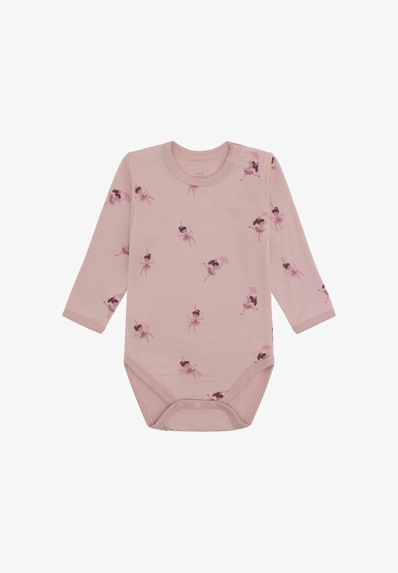 Body baby a maniche lunghe rosa chiaro, con bottoni a pressione e una stampa di ballerine che tengono ombrelli in varie pose.